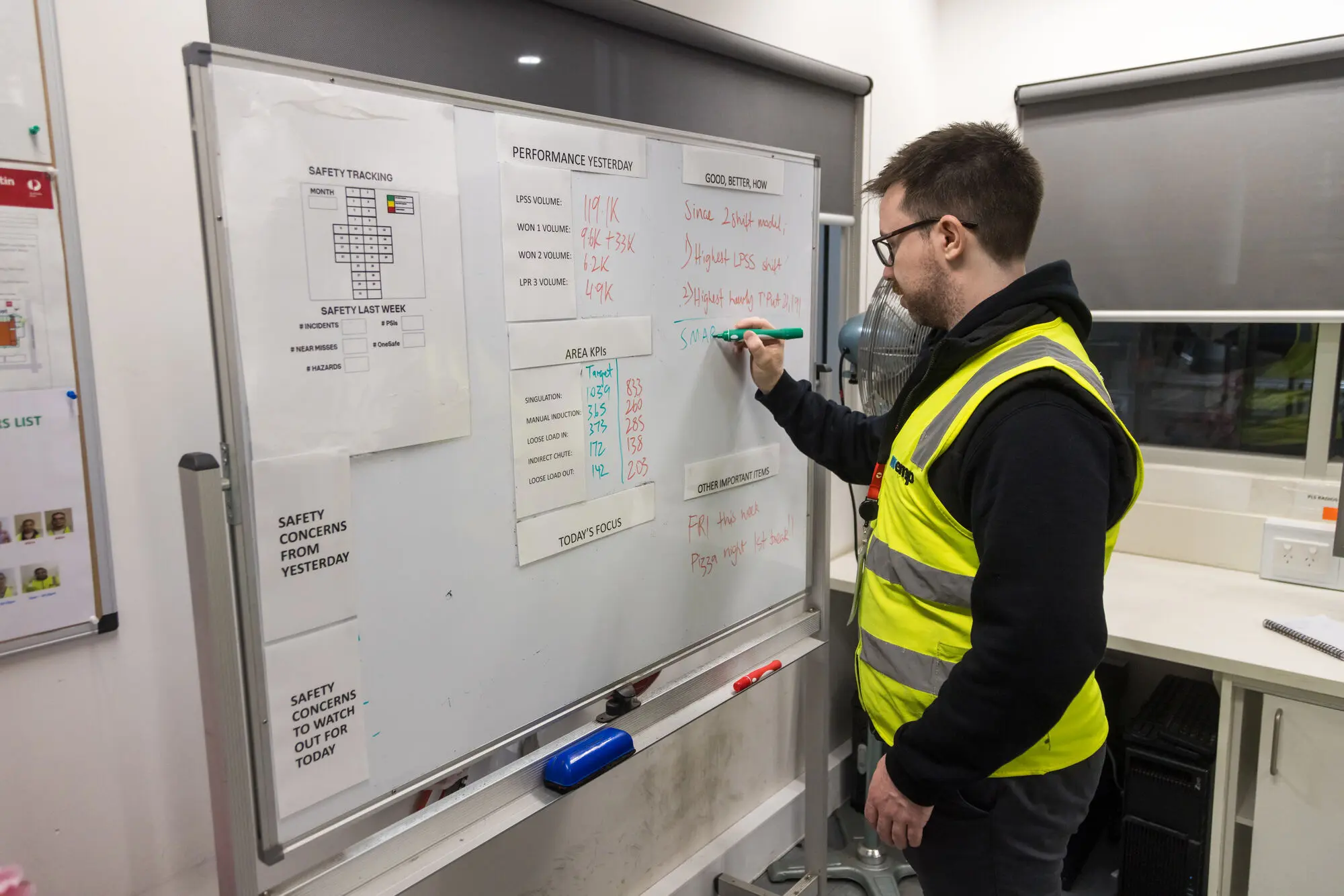 A worker in a high-visibility vest mapping out tasks on a whiteboard.