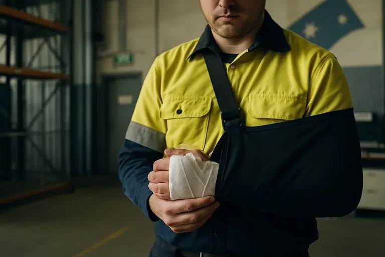A worker in a warehouse with an injured arm.
