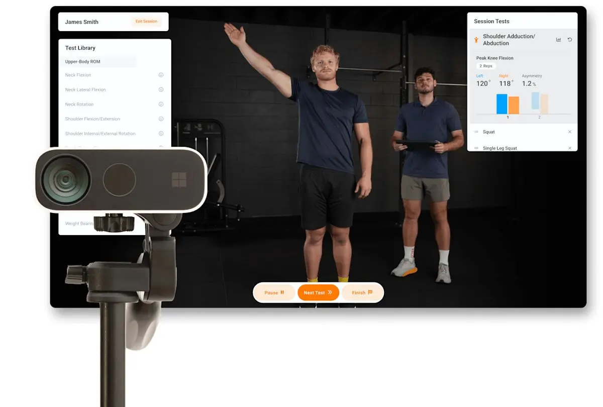 VALD HumanTrak camera tracking a shoulder movement test, with live results on screen
